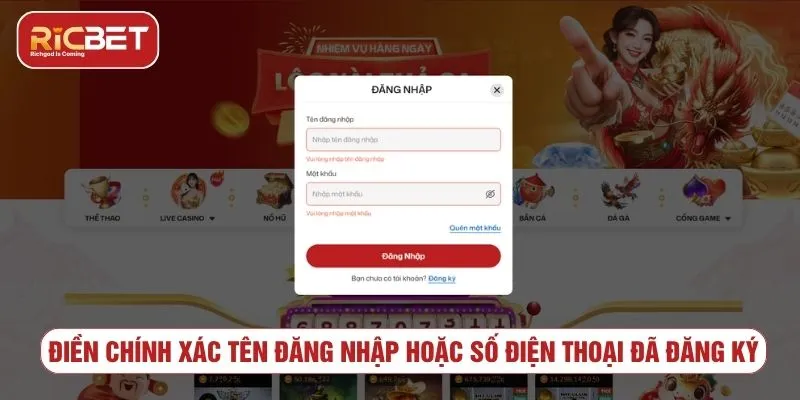 Đăng Nhập RICBET - Hướng Dẫn Truy Cập Tài Khoản Nhập thông tin khi đăng nhập RICBET